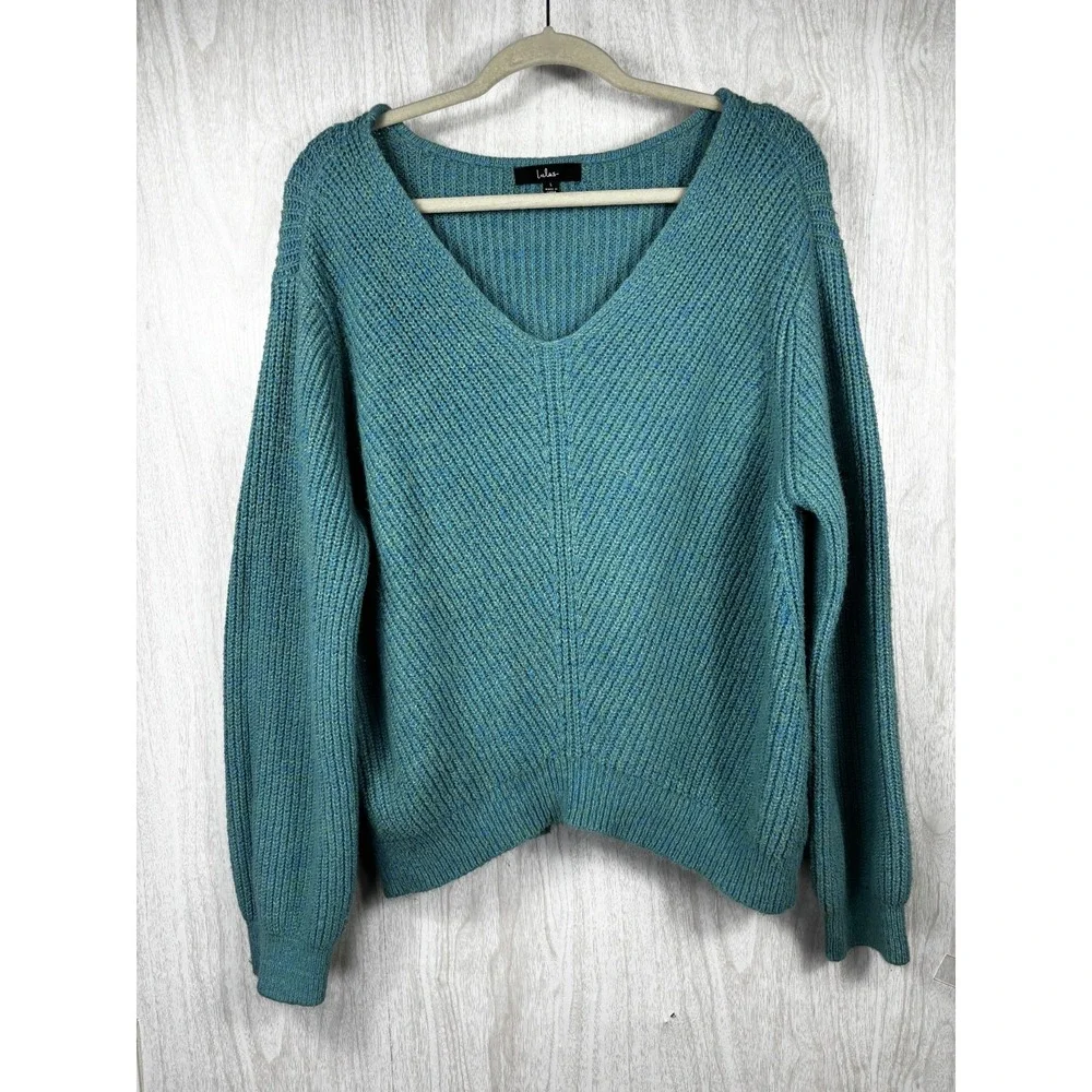 Lulus V Neck Sweater Women's L Teal Blouson Sleeve Cotton Blend Cozy Chic